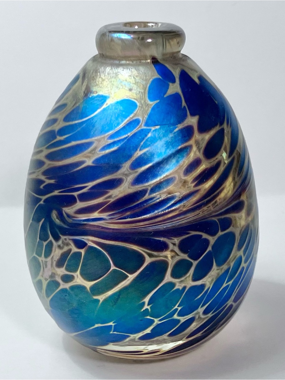 MAYTUM STUDIOS 1982 Bud Vase-Oil Lamp / BLUE & GOLD Iridescent ART GLASS / Rare